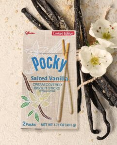 Pocky Salted Vanilla Front Packaging in the Vanilla Bean Background