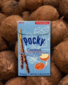 Pocky Coconut Front Packaging in the Coconut Background