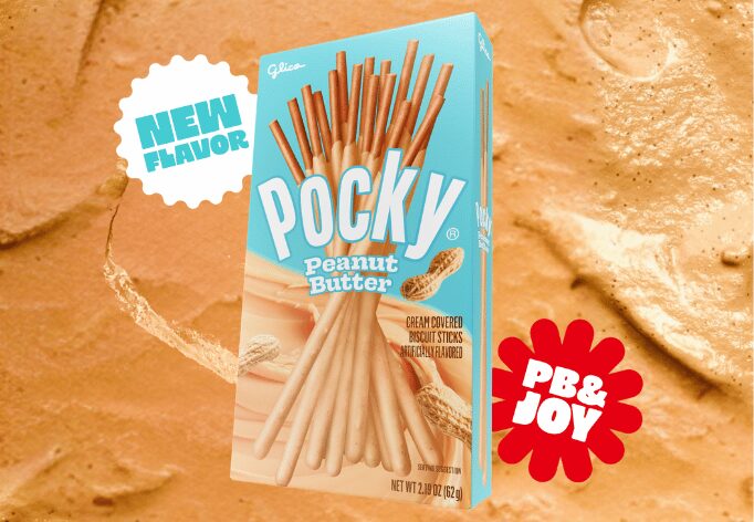 Pocky Peanut Butter package with "New Flavor" tag and peanut butter background.