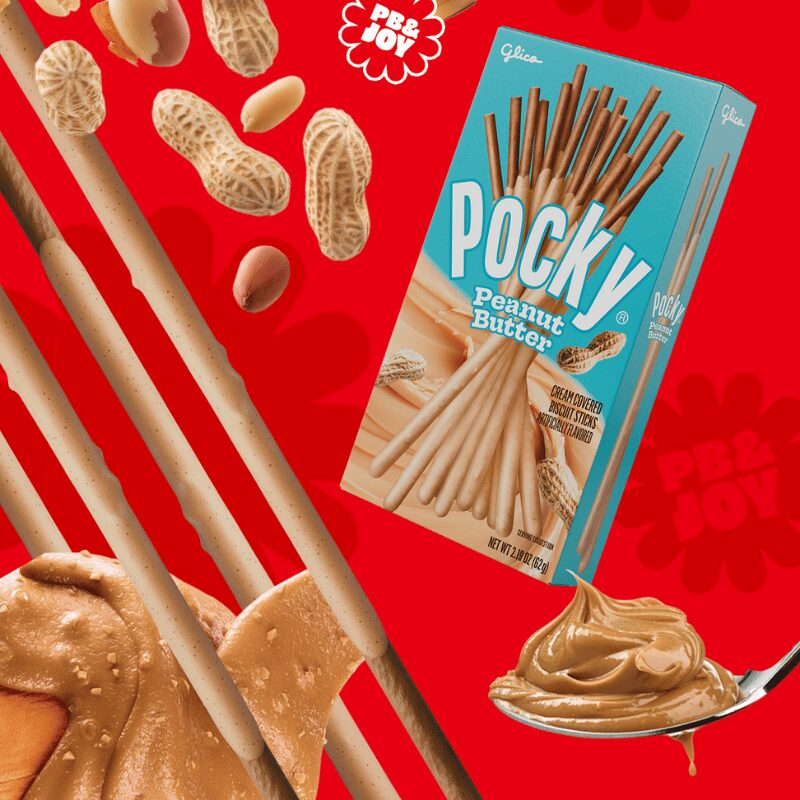Pocky Peanut Butter flavor packaging with sticks and peanut butter on a red background