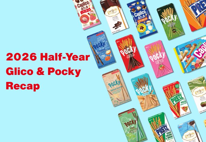 An image showcasing Glico snack collections including Pocky, Pretz, and Pejoy.